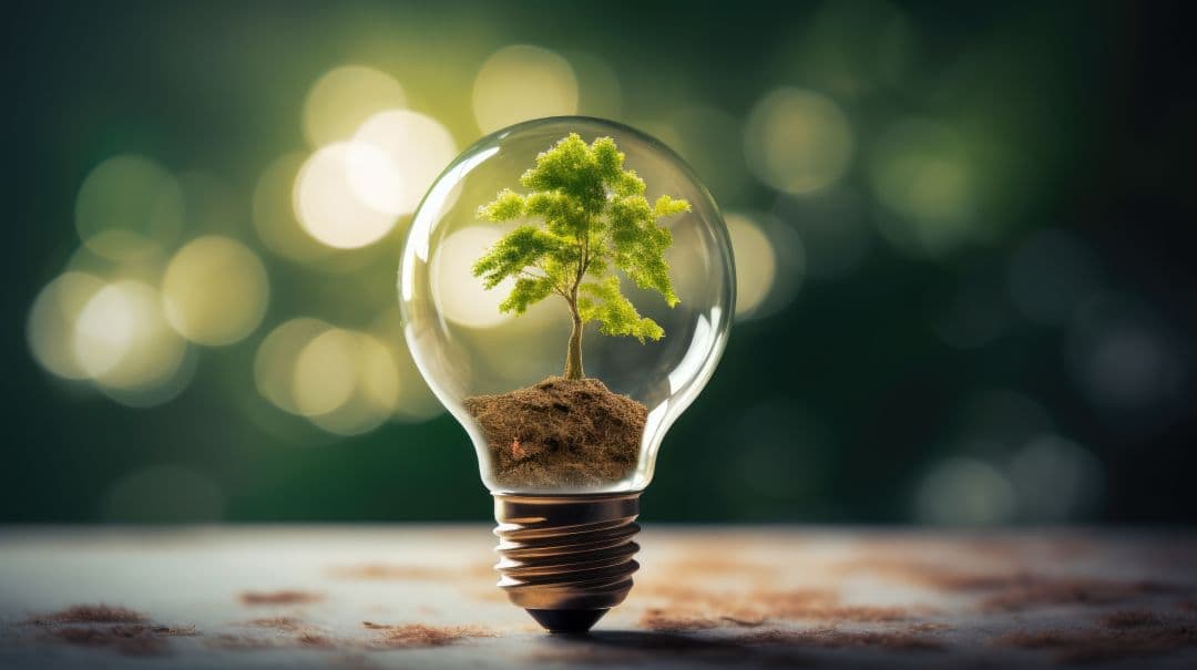 Bild für Nachhaltige Agentur, ein Baum, der auf einem Erdhaufen in einer Glühbirne wächst. Diese steht auf einem Tisch mit einem grünen Bokeh im Hintergrund., das einem Wald gleicht, durch den Licht in das Bild dringt.