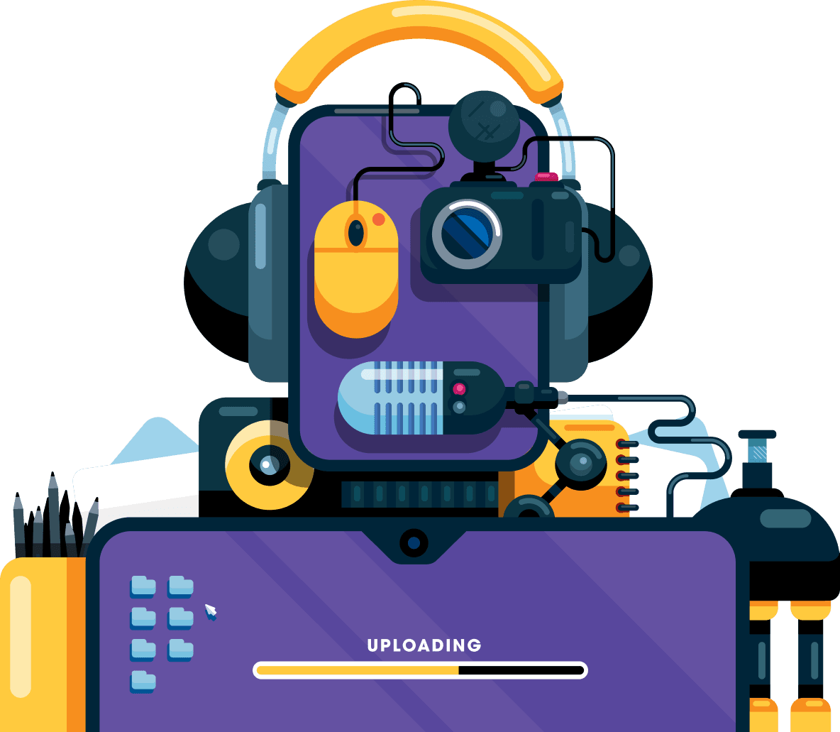 Content Robot made from Media Production Tools like Microphones, Cameras Pens and PCs.