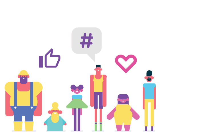 Einge Gruppe diverser Menschen mit einem Hashtag, einem Herzen und einem Daumen-Hoch-Symbol