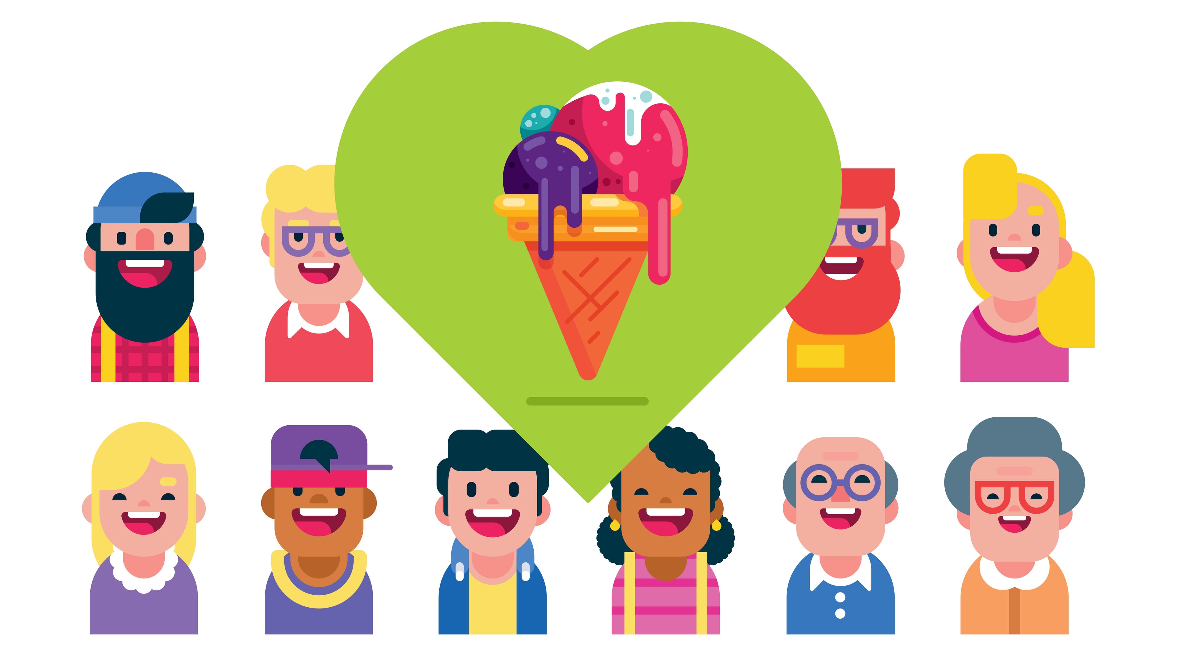 product-market-fit Illustration Ein Eis in einem Herz und begeisterte Kunden im Hintergrund.